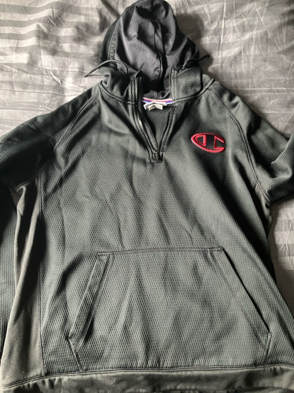 Champion Black Hoodie with Red Chest Emblem